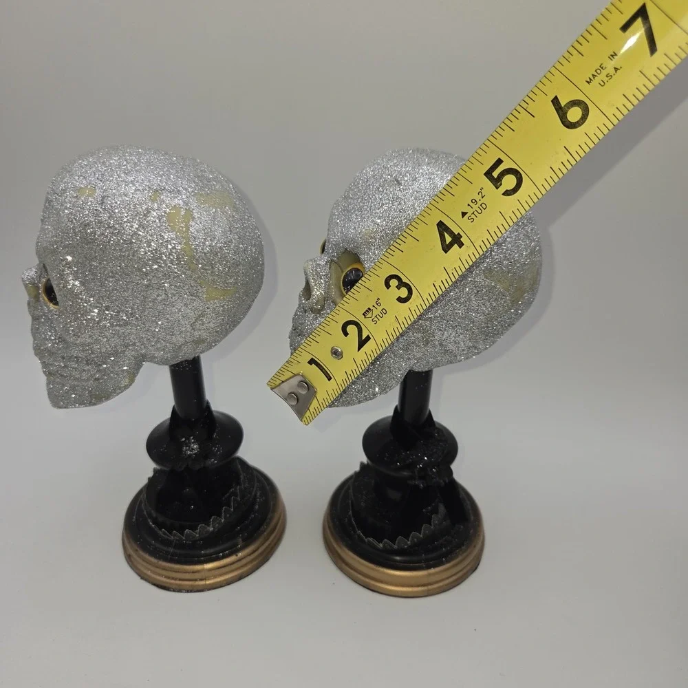 Vintage Lots of 2 Glitter Skull Head Blow Mold w/ stand Prop Halloween Decor